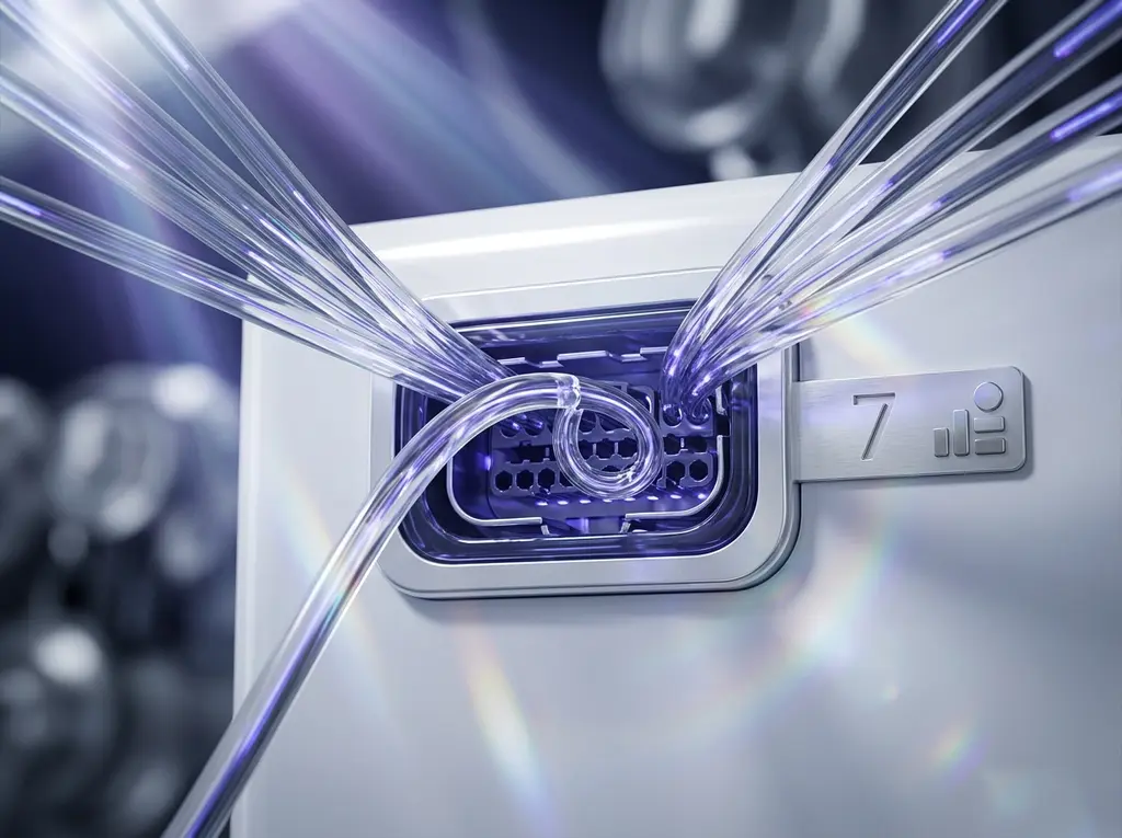 A single connector port set into a white console, with a fan of transparent cables converging into it.