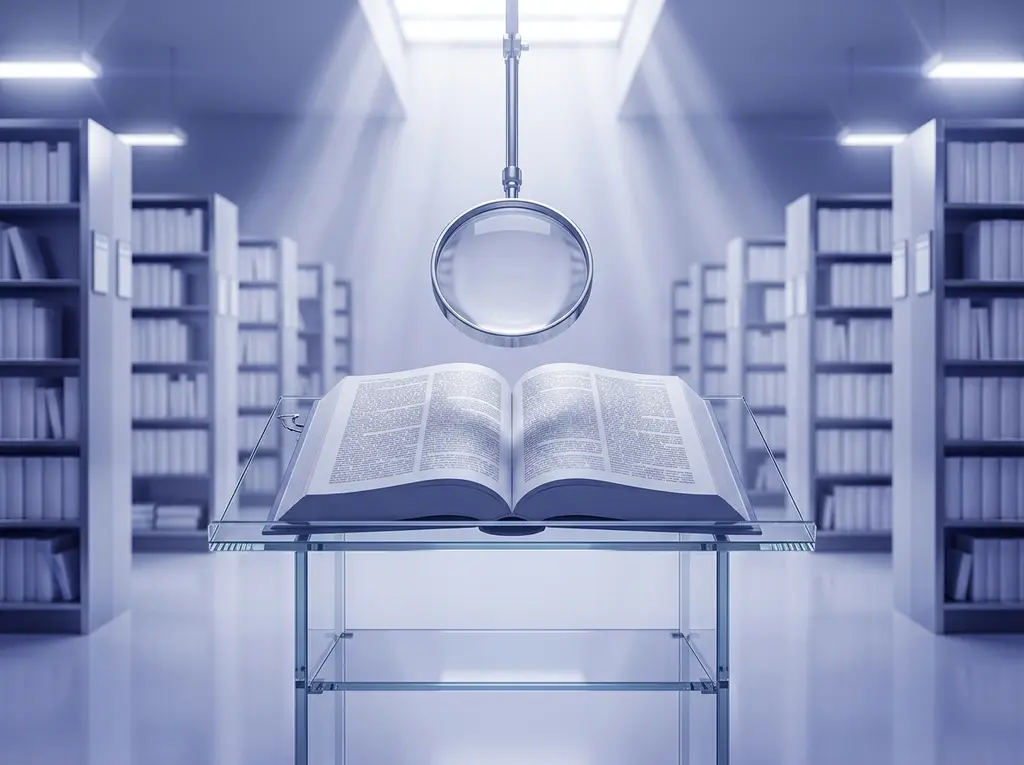 An open reference volume on a glass lectern in a white archive, a magnifier suspended above it, its columns of text too indistinct to read.