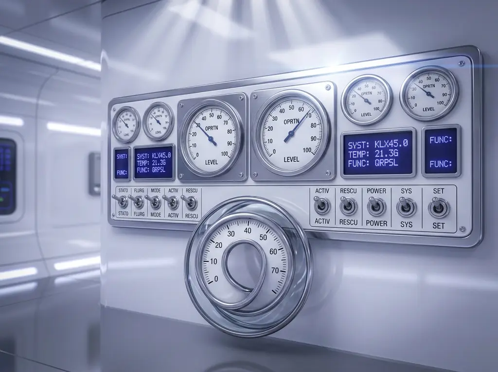 A wall-mounted panel of analogue gauges and small screens in an otherwise empty control room.