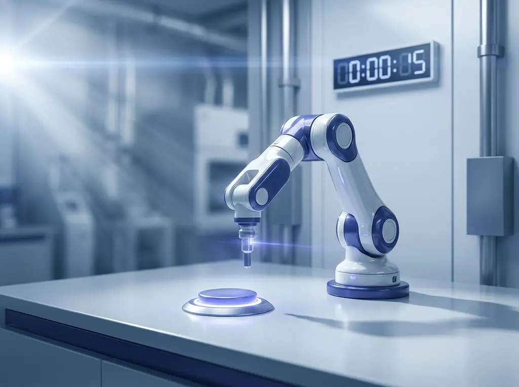 A robotic arm held motionless just above an illuminated button, a countdown display frozen on the wall behind it.