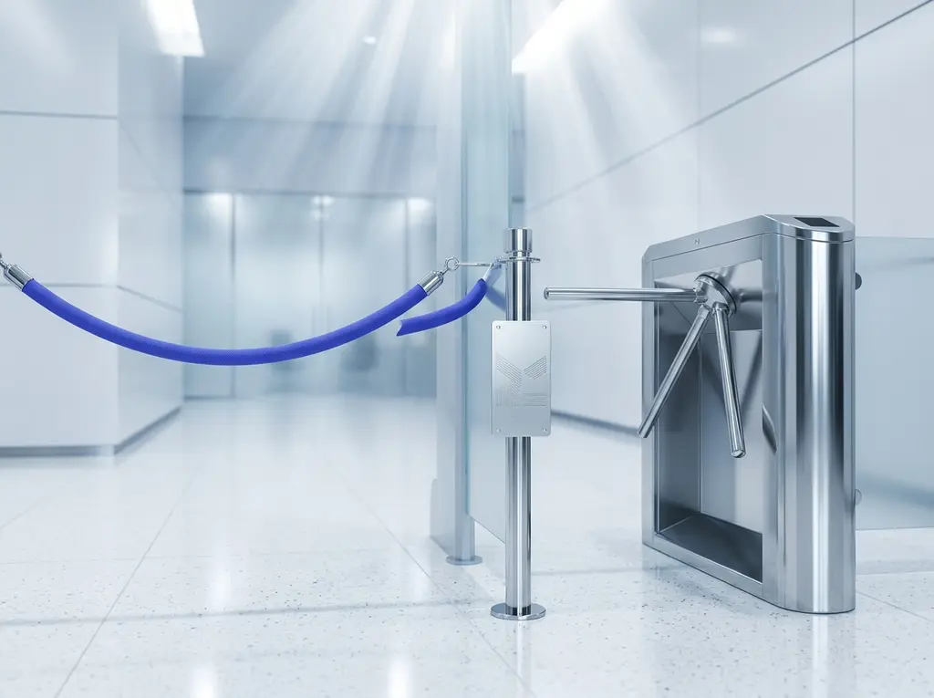 A rope barrier hooked across the entry to a single turnstile in an empty white hall.