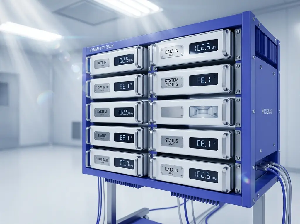 A rack of identical instrument modules in a metal frame, each with a small nameplate and a dark readout panel.