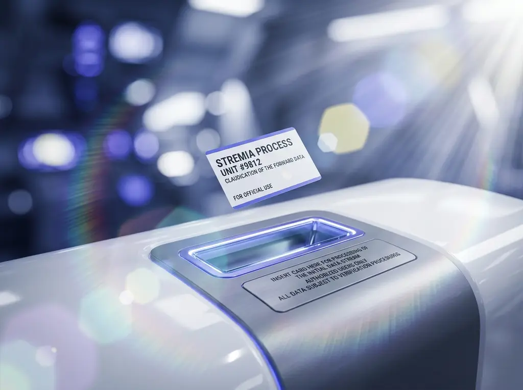 A single illuminated glass intake slot set into a white console, one printed card suspended above it.