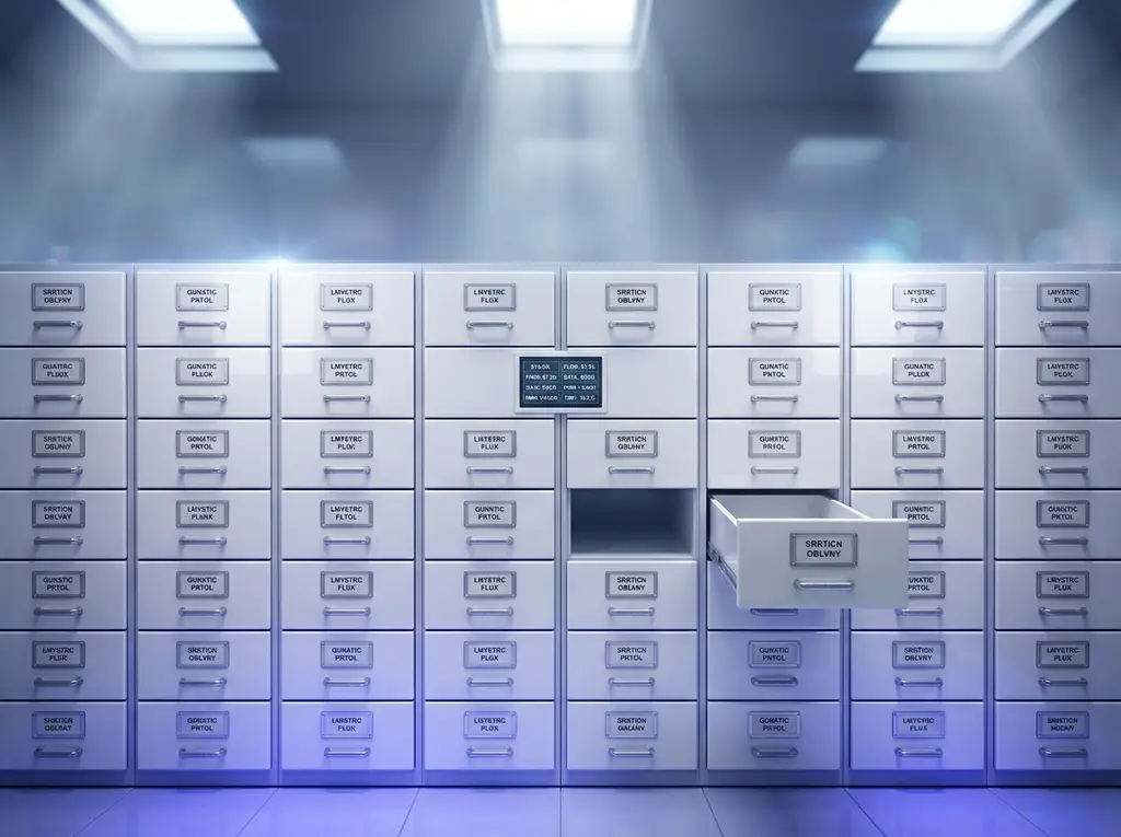 A wall of numbered archive drawers in a spotless white repository, one drawer standing ajar.