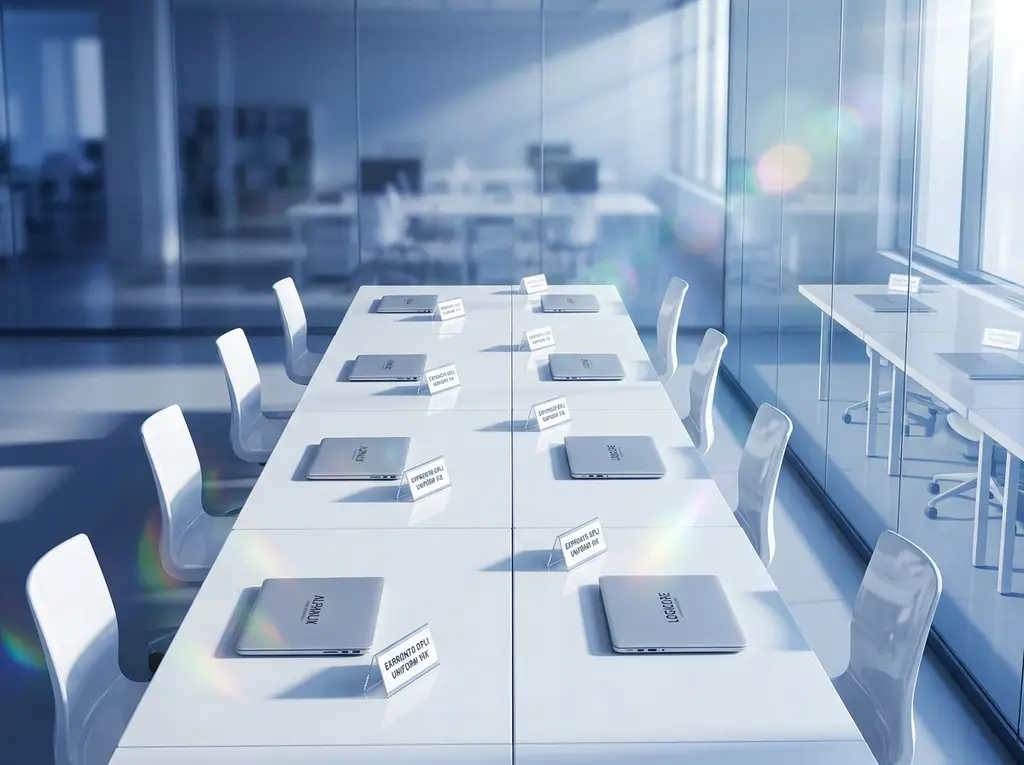 Six identical empty workstations arranged in a symmetrical grid in a bright, unoccupied office.